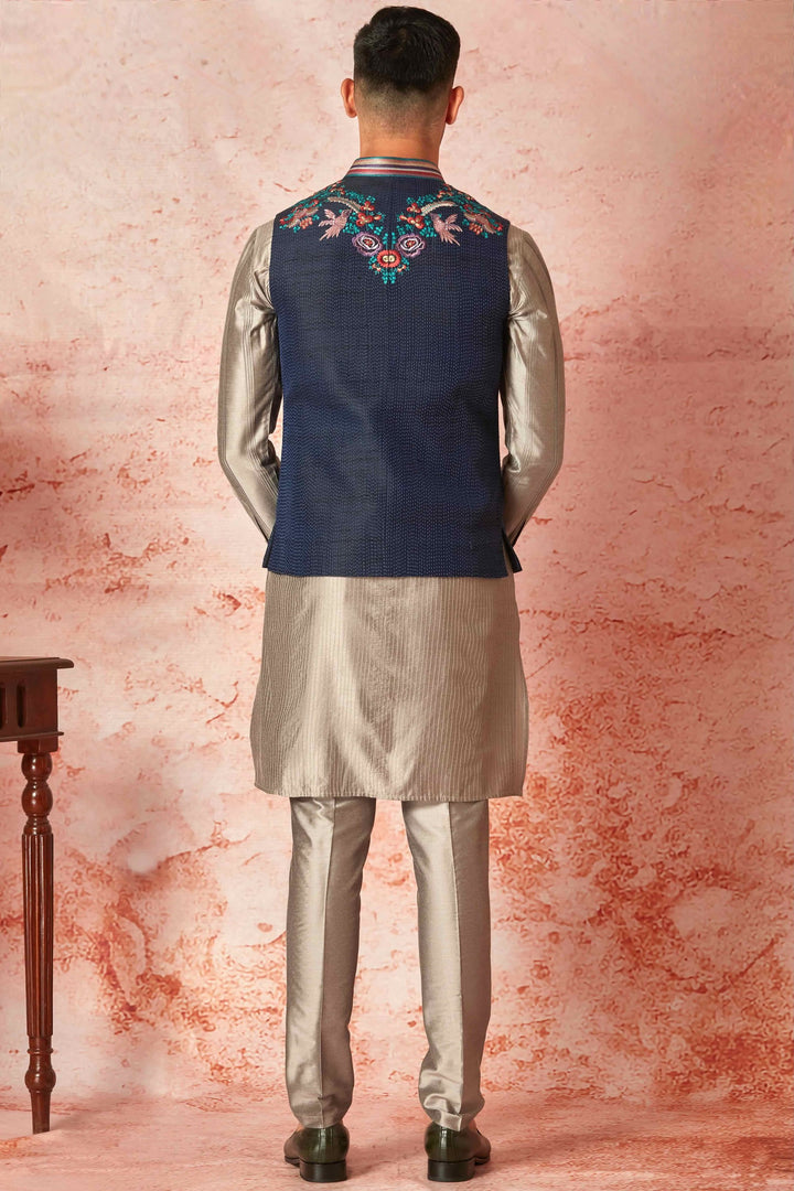 Grey Silk Kurta Bundi Set with Multicolor Resham Embroidery
