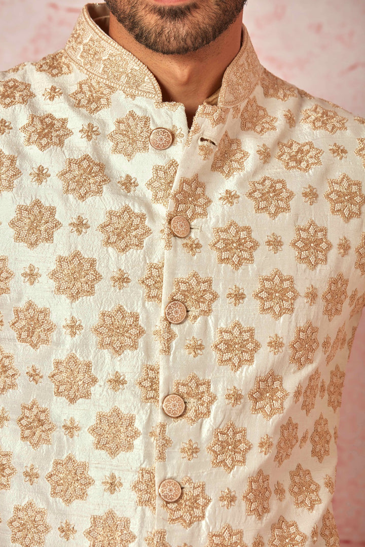 Cream Raw Silk Bundi with Beige Tussar Silk Kurta Set