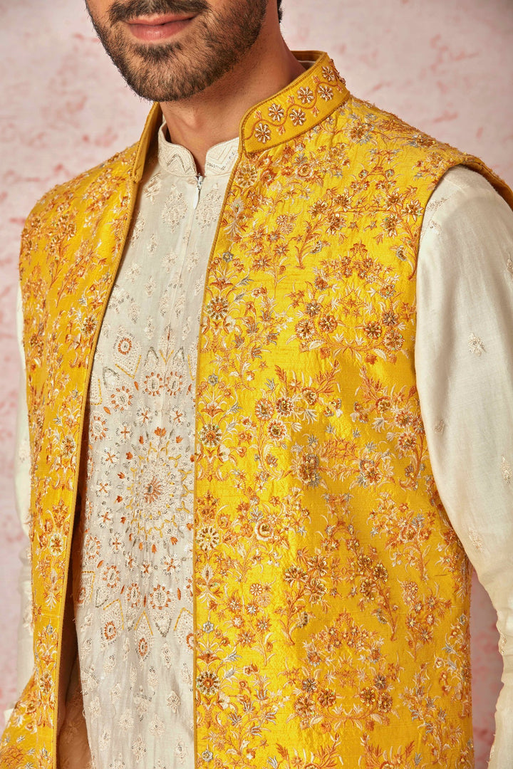 Mustard Raw Silk Long Bundi with Cream Silk Short Kurta