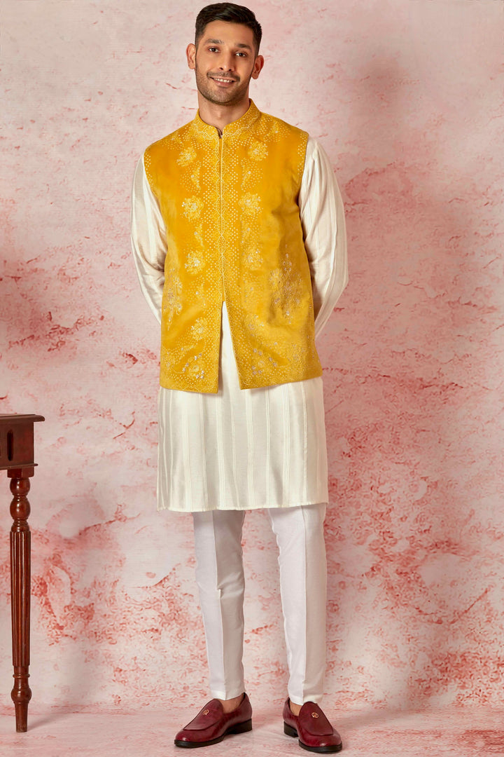 Mustard Velvet Bundi and Silk Kurta Set