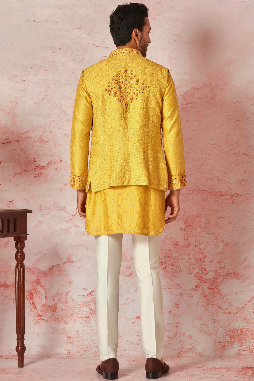 Haldi Mustard Embroidered Chanderi Silk Kurta Bundi Set