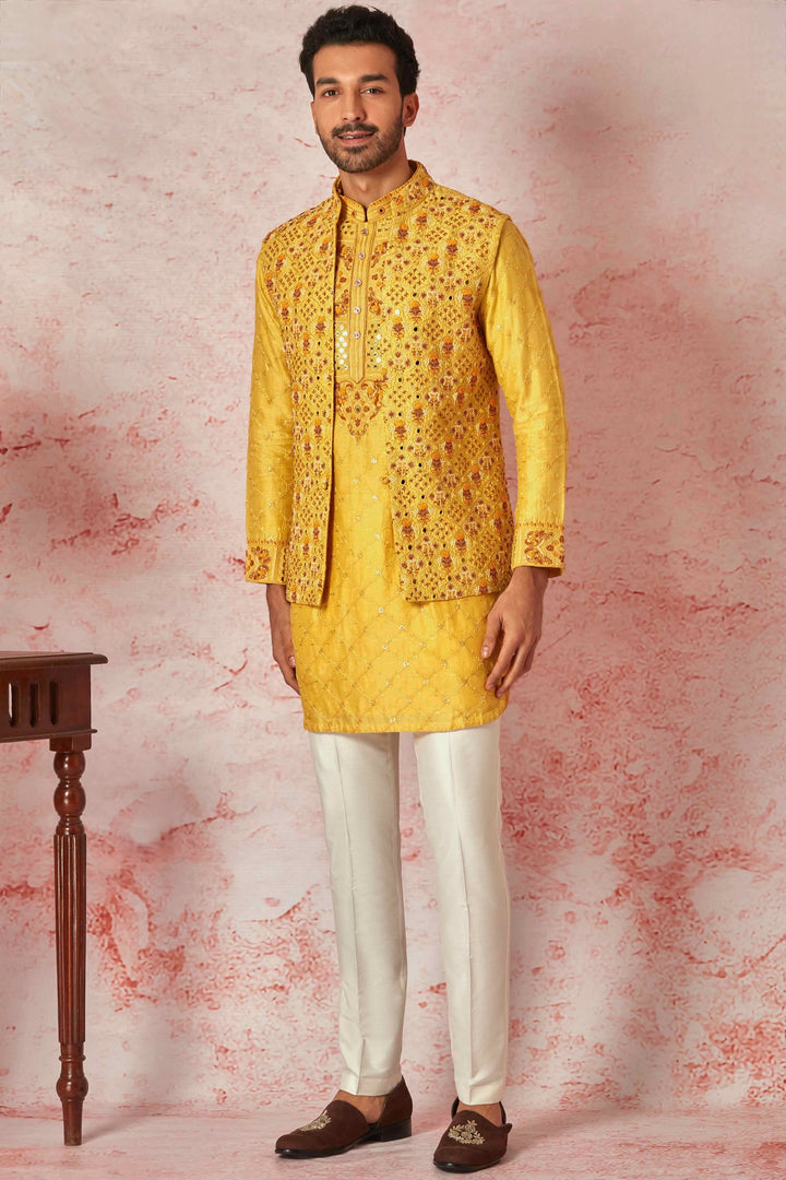 Haldi Mustard Embroidered Chanderi Silk Kurta Bundi Set