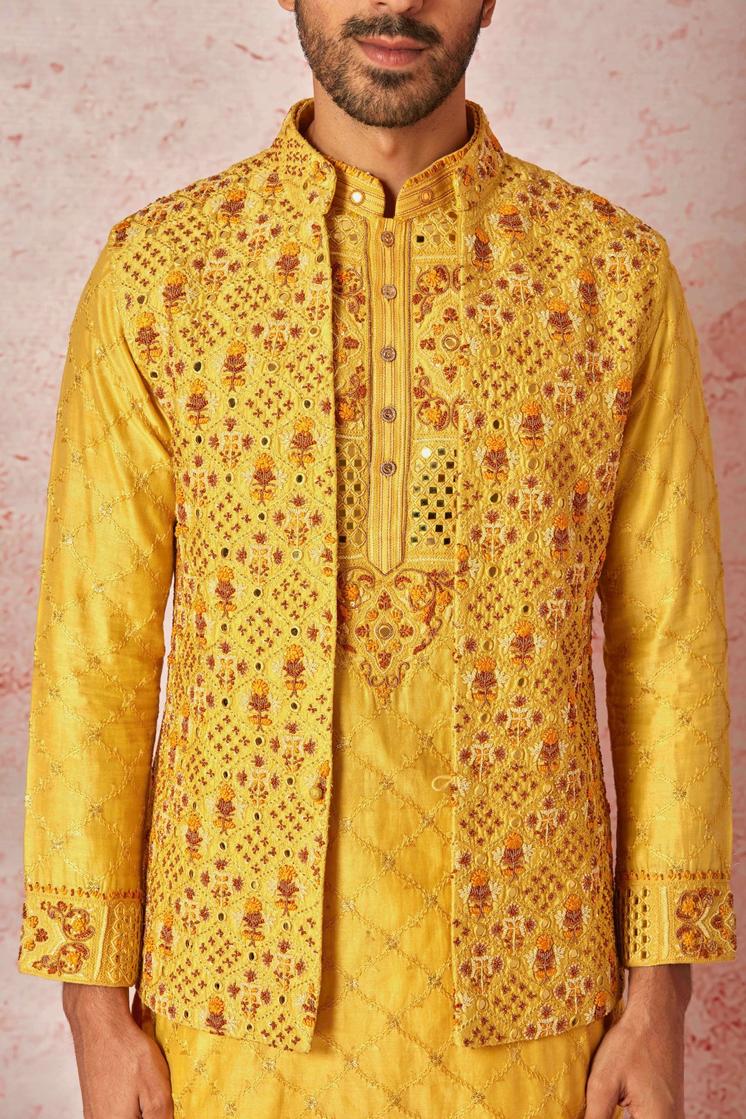 Haldi Mustard Embroidered Chanderi Silk Kurta Bundi Set