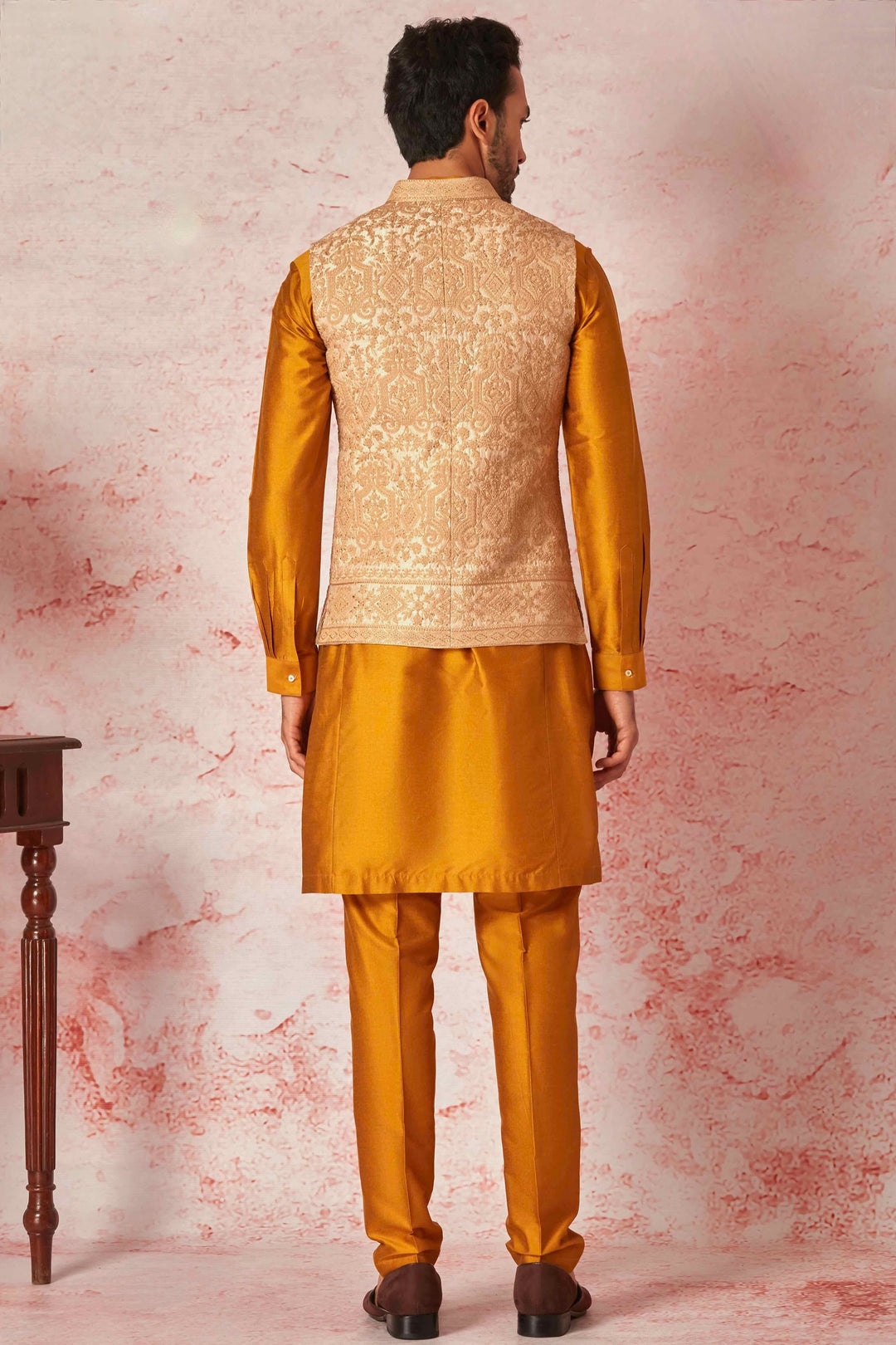 Opulent Beige Bundi and Vibrant Orange Kurta Ensemble