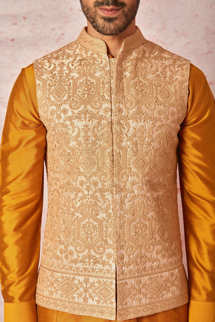 Opulent Beige Bundi and Vibrant Orange Kurta Ensemble