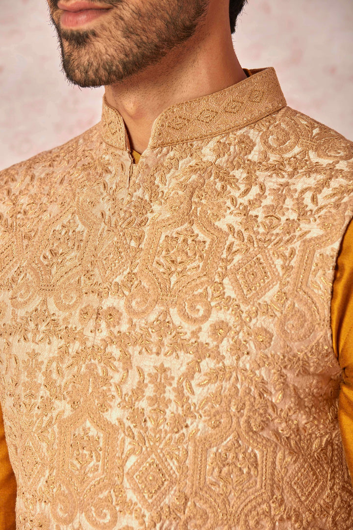Opulent Beige Bundi and Vibrant Orange Kurta Ensemble