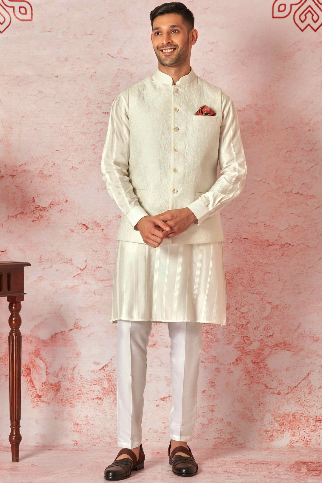 Off White Silk Kurta Bundi Set with Quilted Calligraphy Embroidery