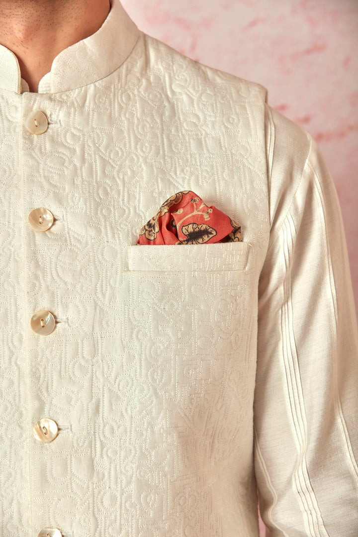 Off White Silk Kurta Bundi Set with Quilted Calligraphy Embroidery