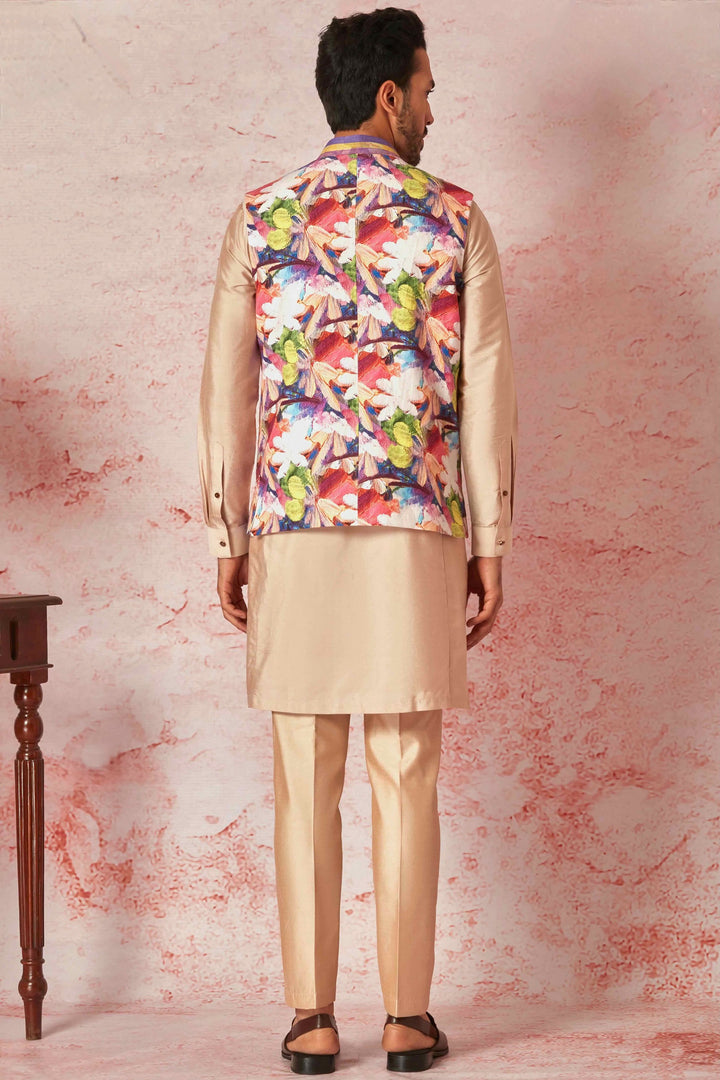 Peach Linen Bundi and Silk Kurta Set with Floral Print