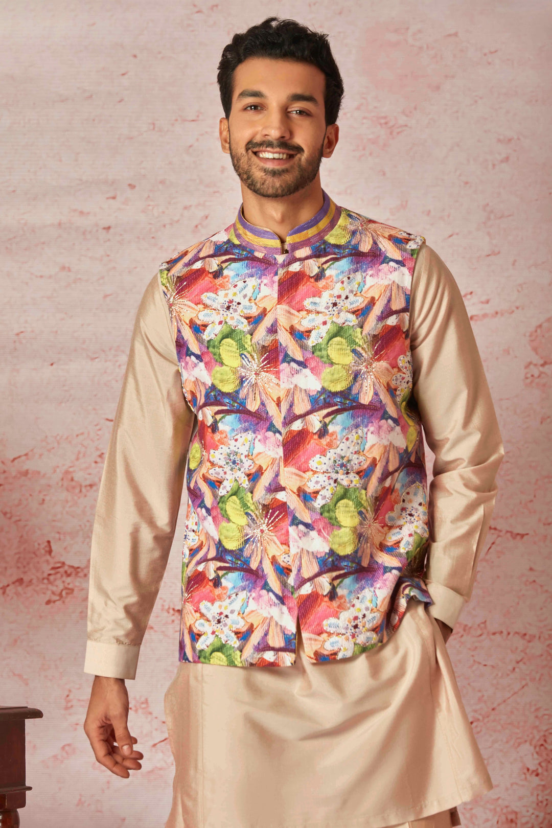 Peach Linen Bundi and Silk Kurta Set with Floral Print