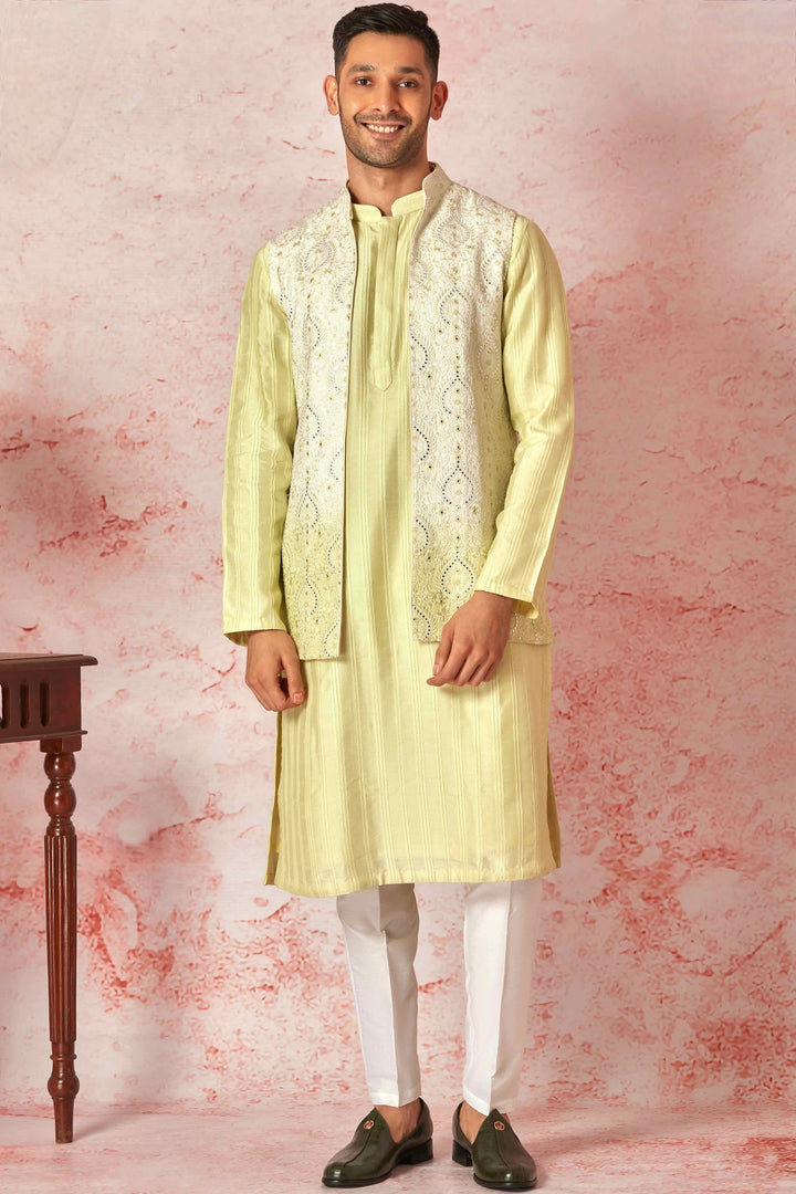 Lime Tie Dye Silk Long Open Kurta Bundi Set