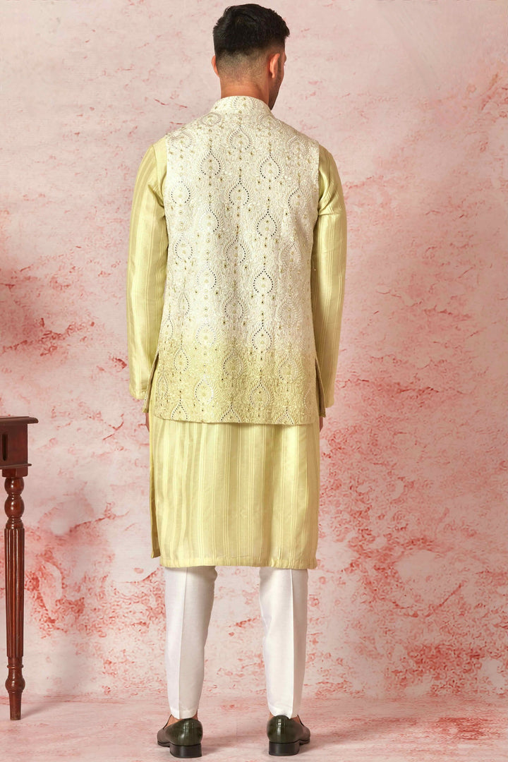 Lime Tie Dye Silk Long Open Kurta Bundi Set