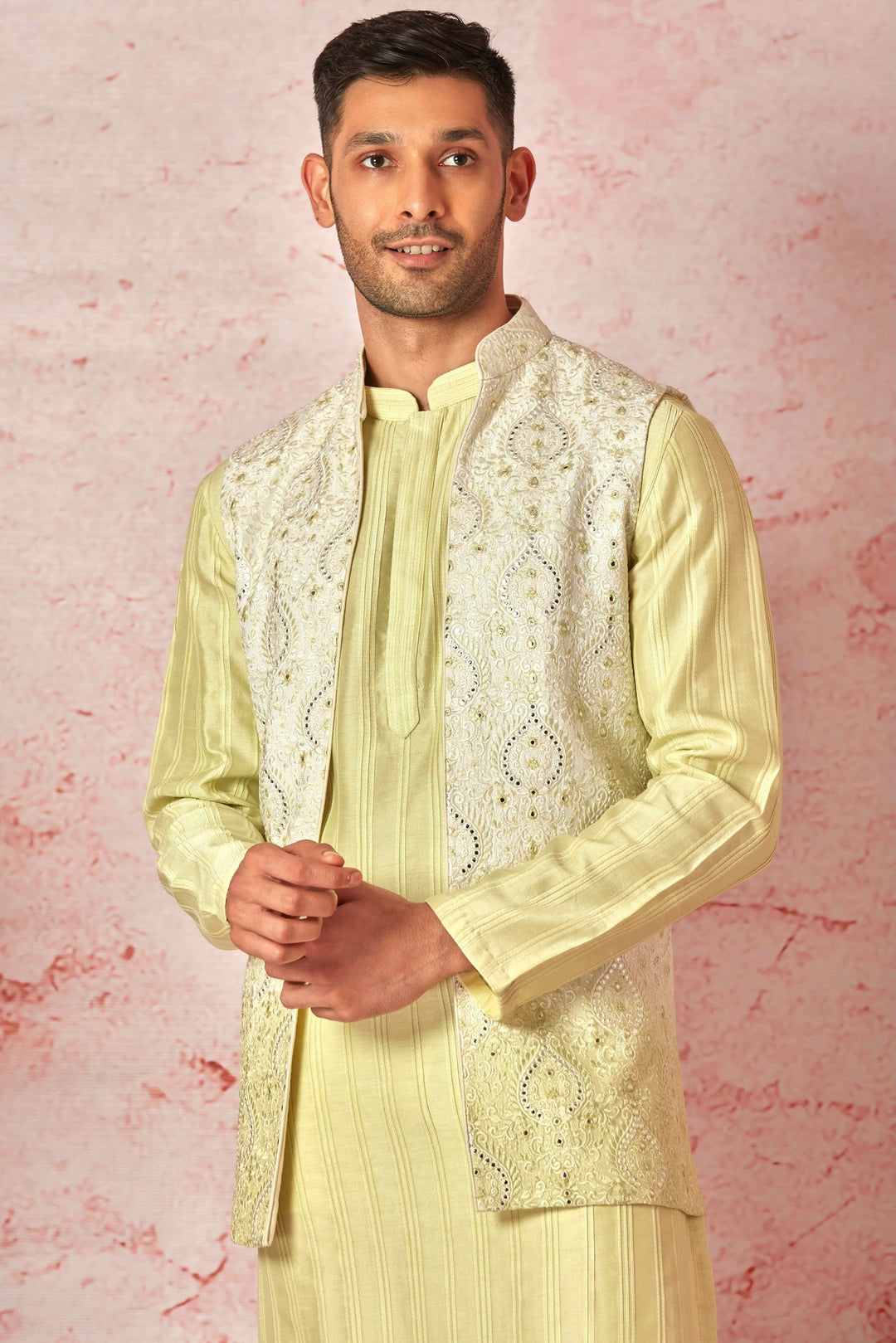 Lime Tie Dye Silk Long Open Kurta Bundi Set