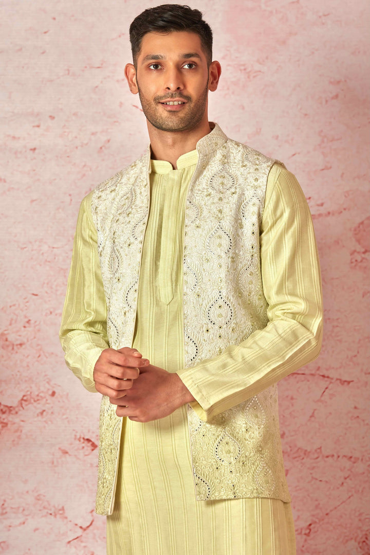 Lime Tie Dye Silk Long Open Kurta Bundi Set