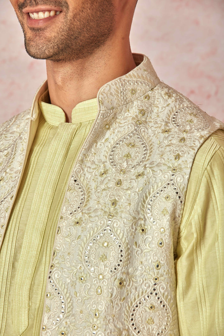 Lime Tie Dye Silk Long Open Kurta Bundi Set