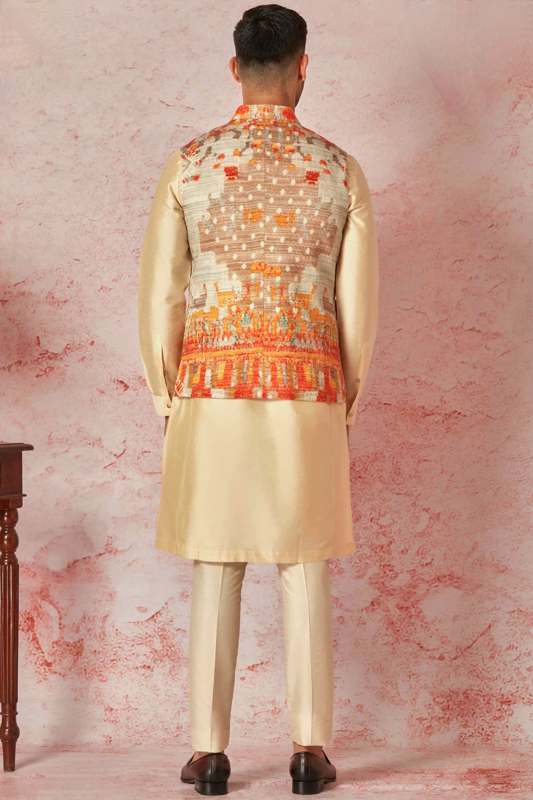 Cream Floral Embossed Linen Kurta Bundi Set