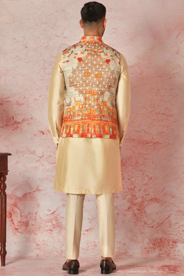 Cream Floral Embossed Linen Kurta Bundi Set