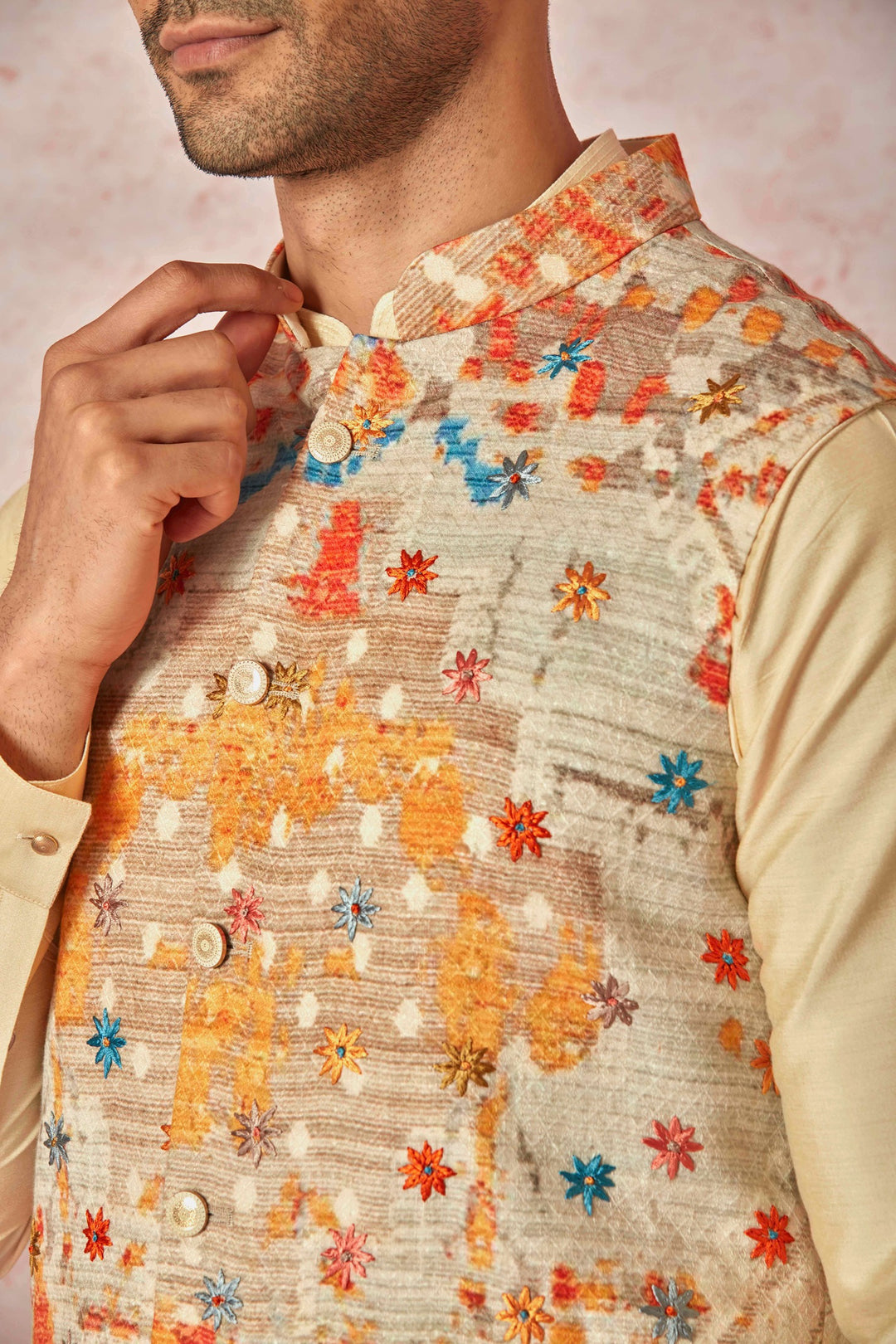 Cream Floral Embossed Linen Kurta Bundi Set