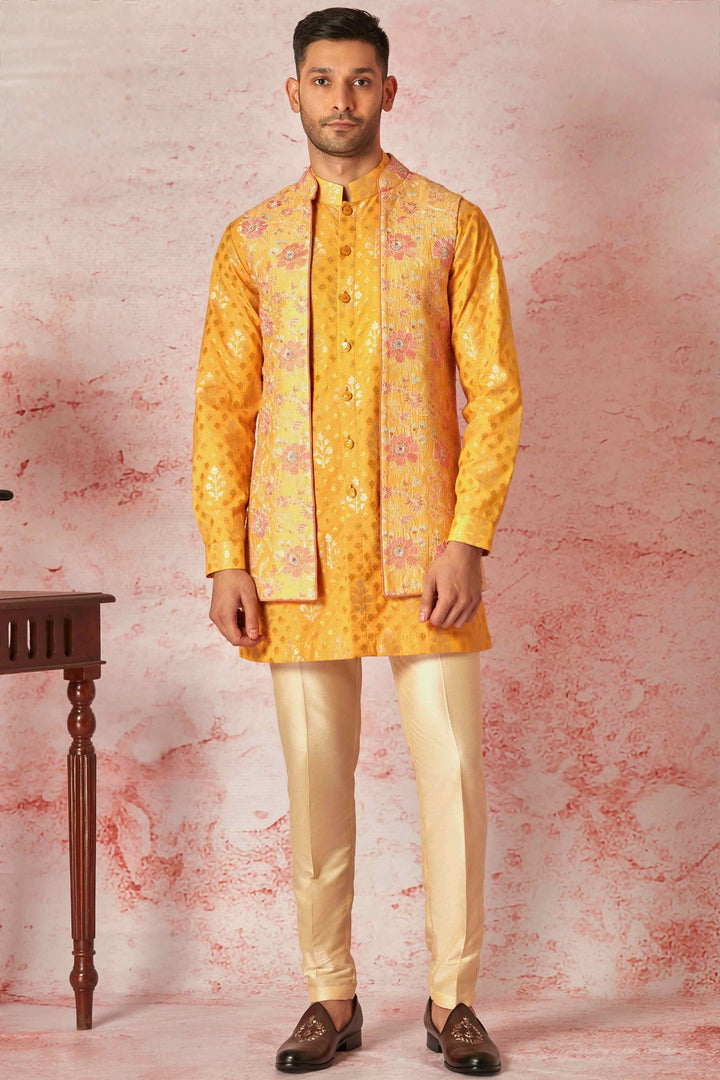 Orange Jacquard Silk Leaf Motif Kurta Bundi Set