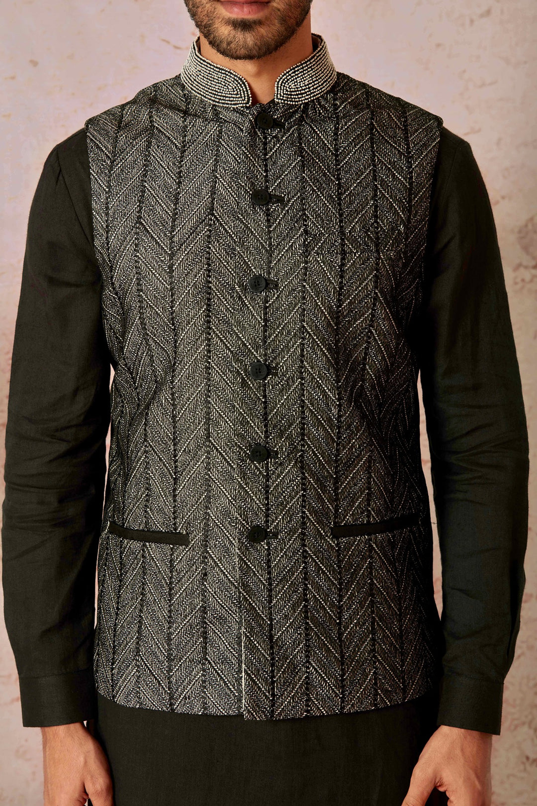 Silver Embroidered Linen Kurta Bundi Set