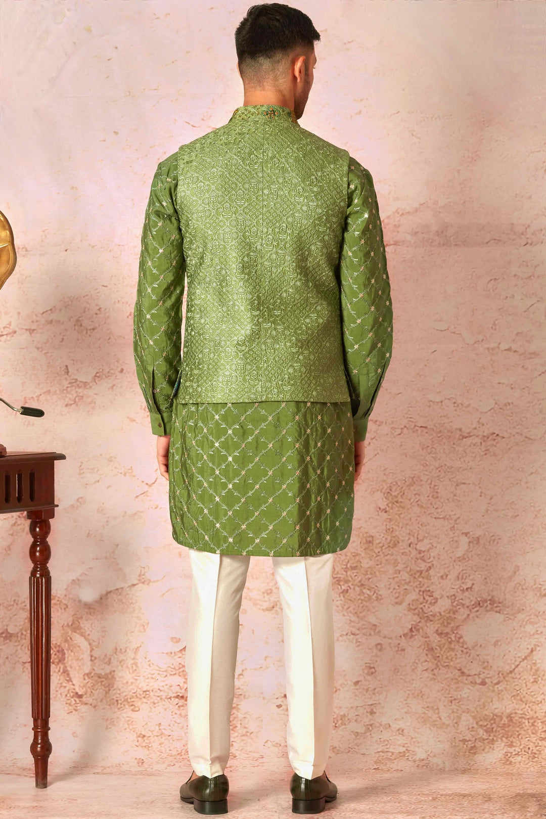 Geometric Green Silk Kurta Bundi Set