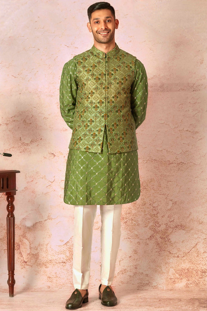 Geometric Green Silk Kurta Bundi Set