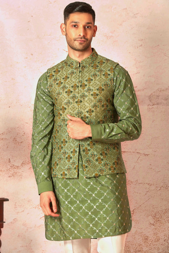 Geometric Green Silk Kurta Bundi Set