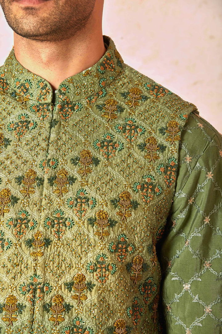 Geometric Green Silk Kurta Bundi Set