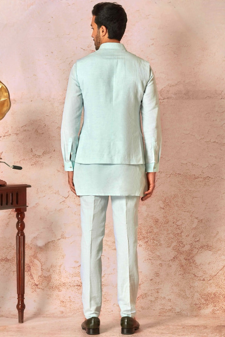 Linen Tie Dye Sky Blue Kurta and Bundi Set