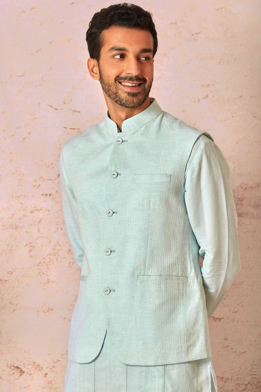 Linen Tie Dye Sky Blue Kurta and Bundi Set