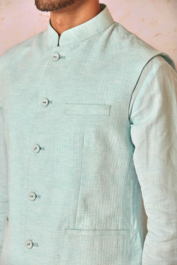 Linen Tie Dye Sky Blue Kurta and Bundi Set