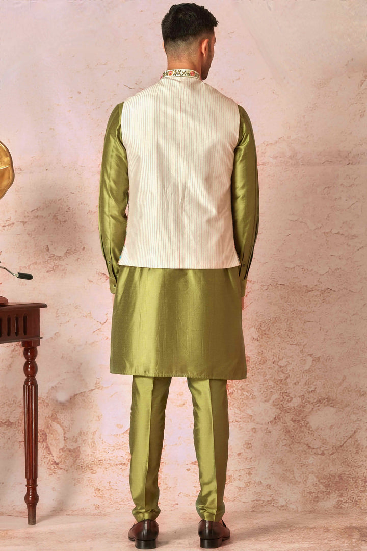 Multicolour Floral Embroidered Chanderi Silk Kurta Bundi Set