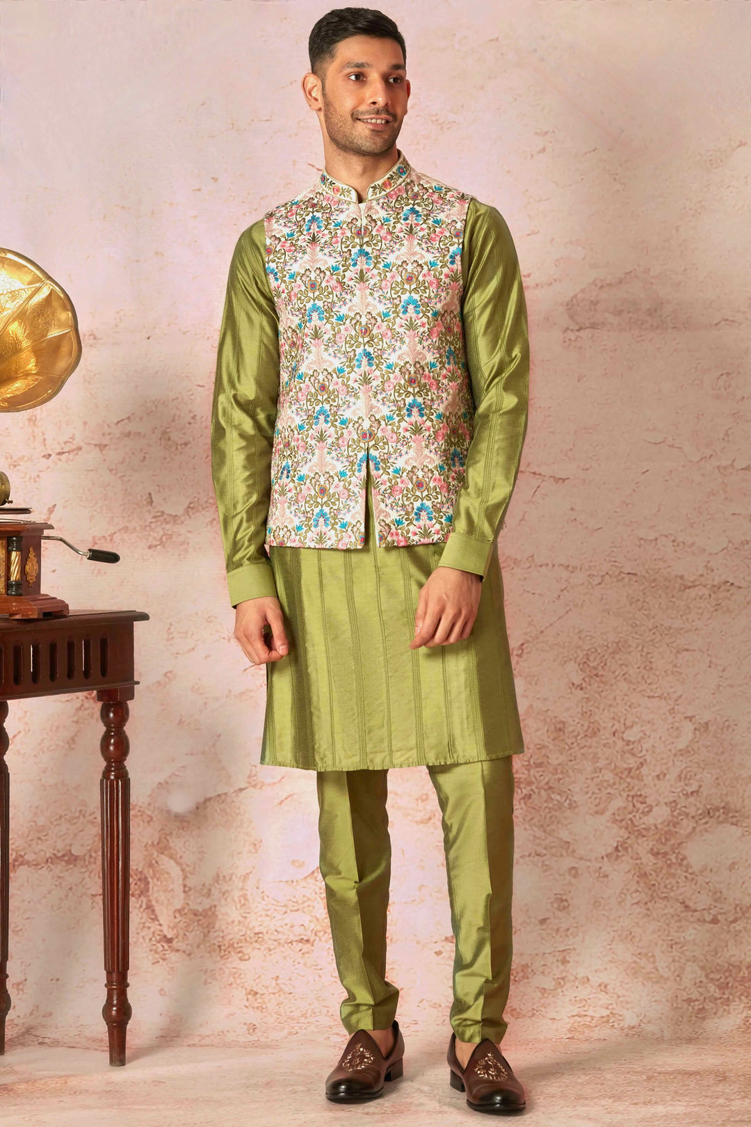 Multicolour Floral Embroidered Chanderi Silk Kurta Bundi Set