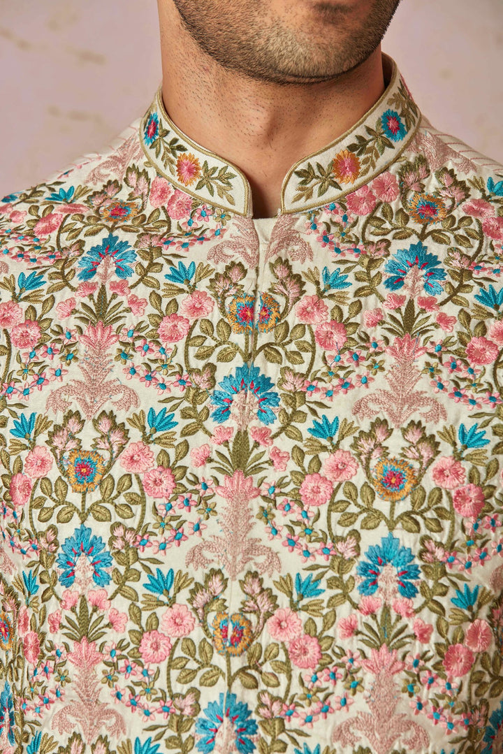 Multicolour Floral Embroidered Chanderi Silk Kurta Bundi Set