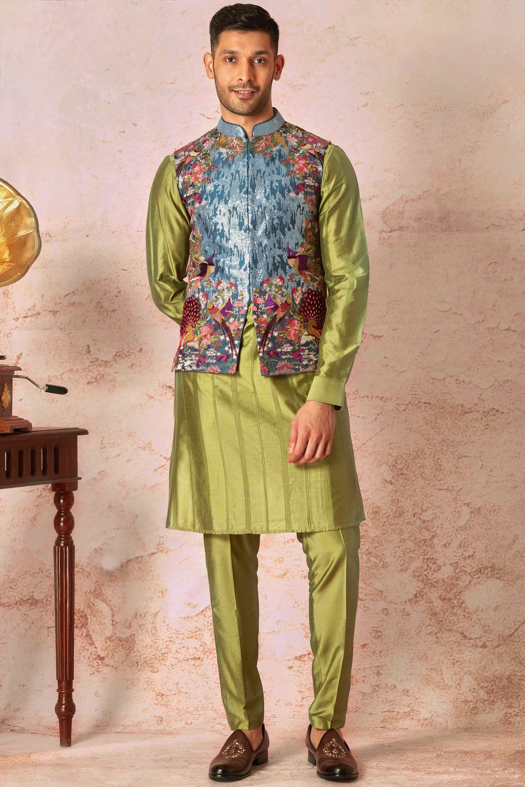 Turquoise Sequin Adorned Bundi Set with Olive Green Chanderi Kurta