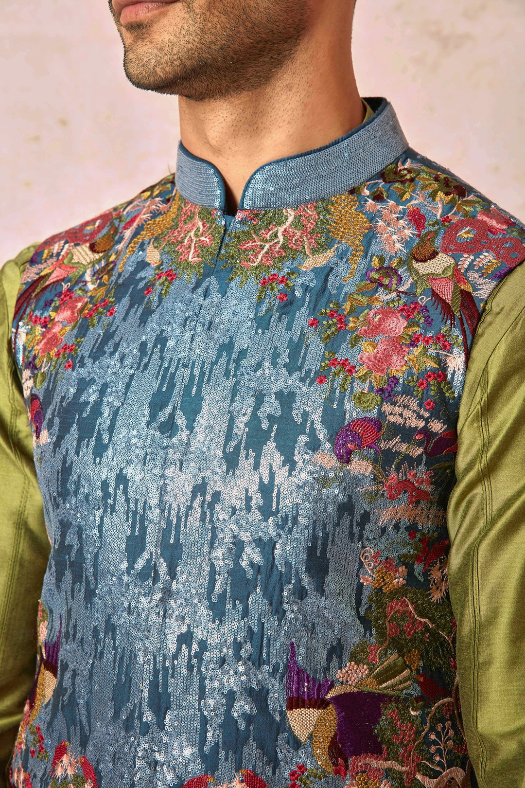 Turquoise Sequin Adorned Bundi Set with Olive Green Chanderi Kurta