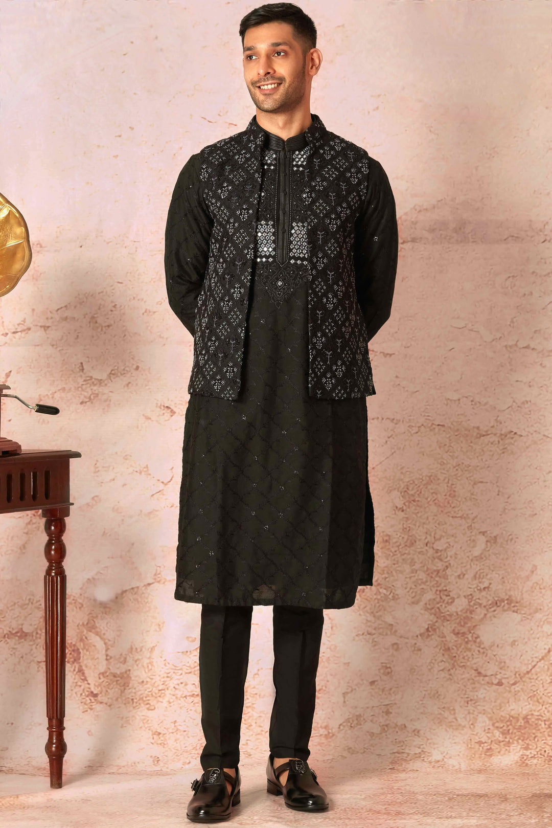 Midnight Embroidered Black Silk Bundi & Floral Kurta Set