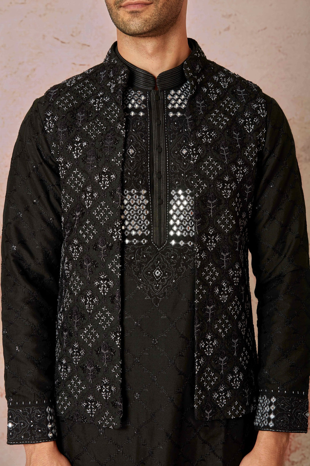 Midnight Embroidered Black Silk Bundi & Floral Kurta Set