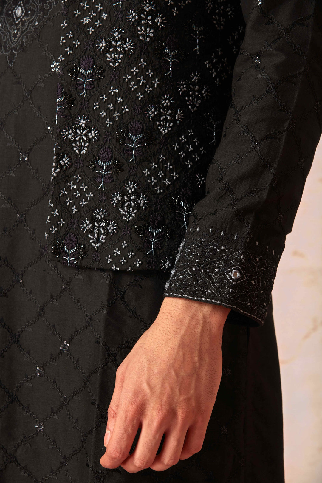 Midnight Embroidered Black Silk Bundi & Floral Kurta Set
