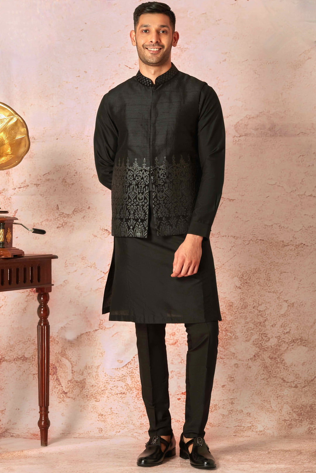 Sleek Black Silk Bundi & Leather Embellished Kurta Set