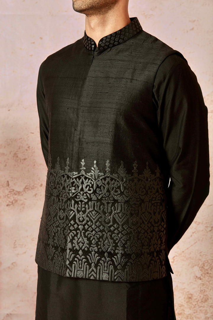 Sleek Black Silk Bundi & Leather Embellished Kurta Set