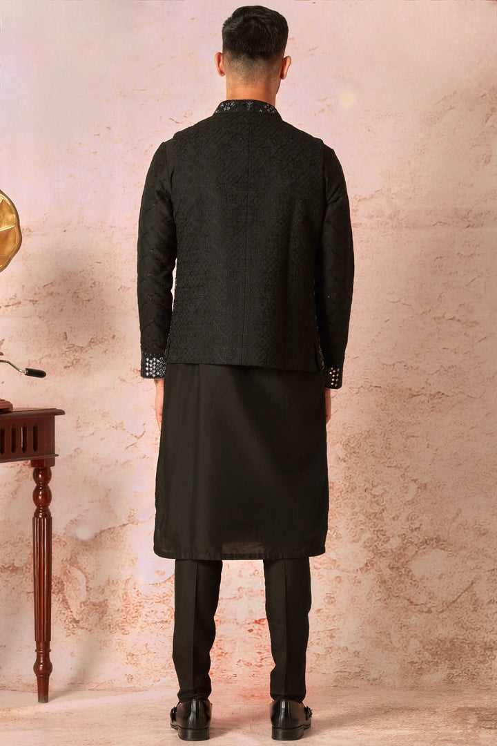 Midnight Embroidered Black Silk Bundi & Floral Kurta Set