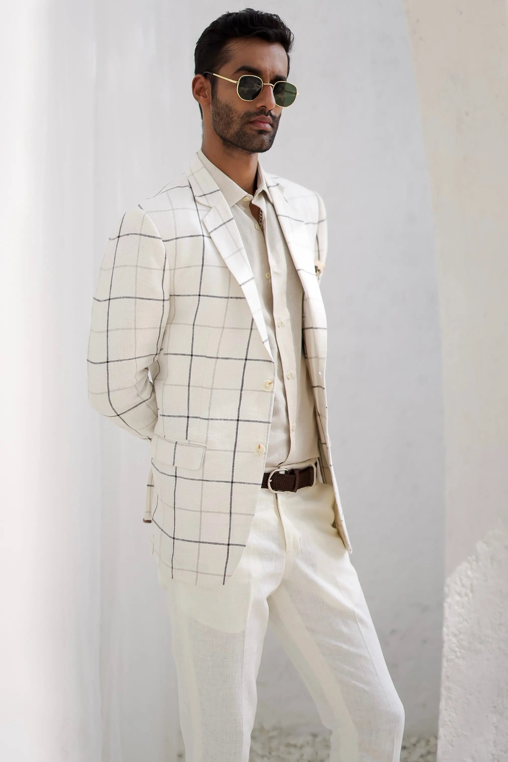 Porcelain White Windowpane Check Blazer Set