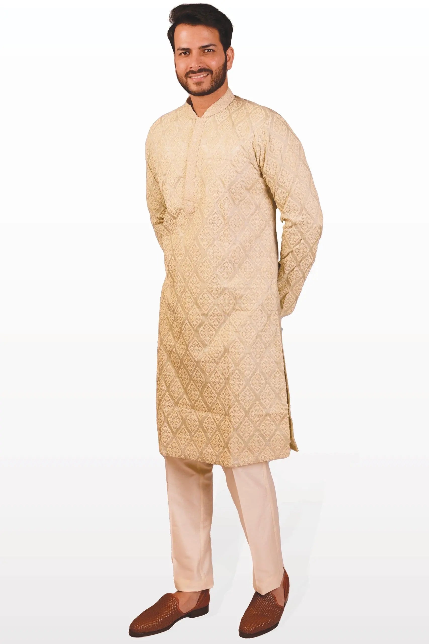 Beige Tussar Silk Embroidered Kurta