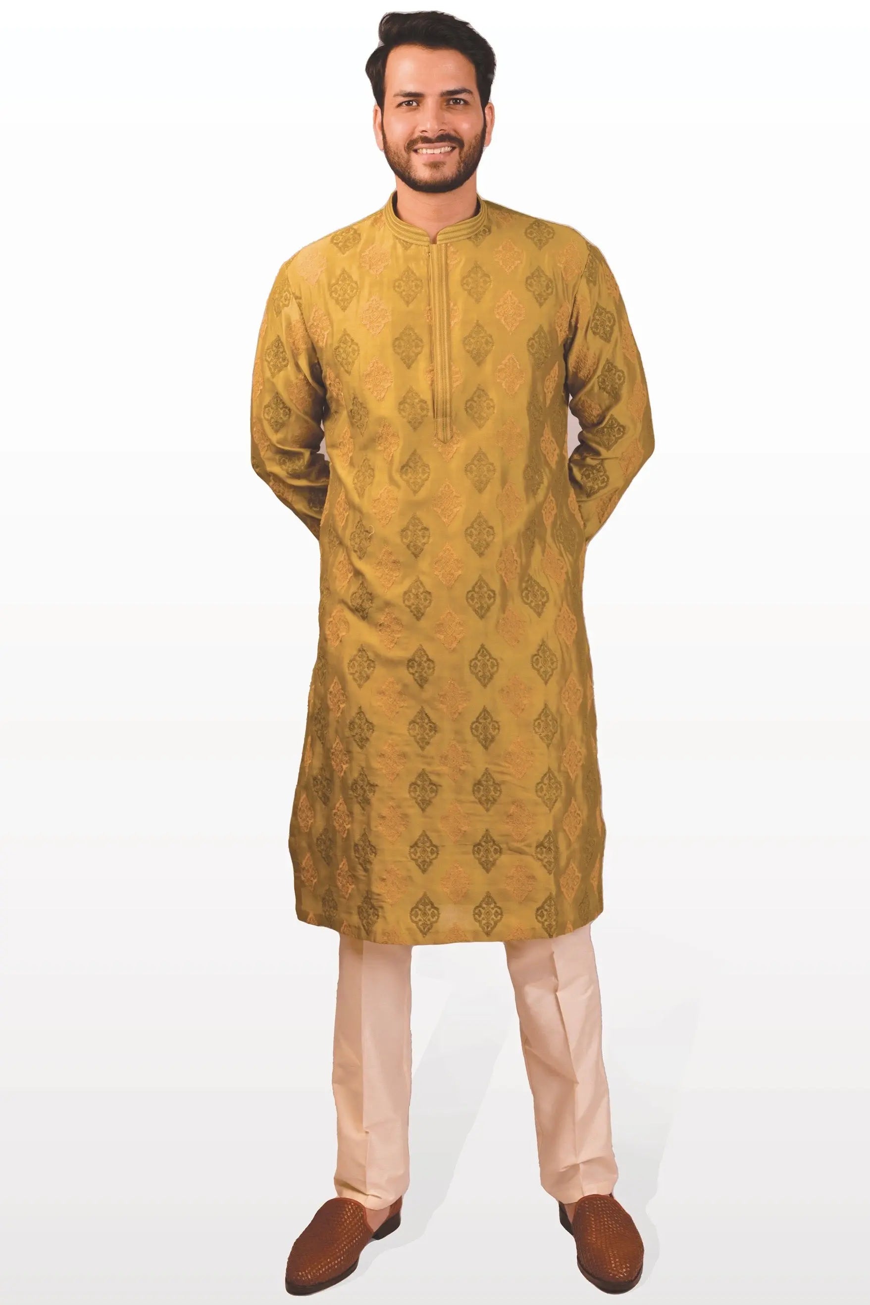 Olive Green Chanderi Silk Embroidered Kurta