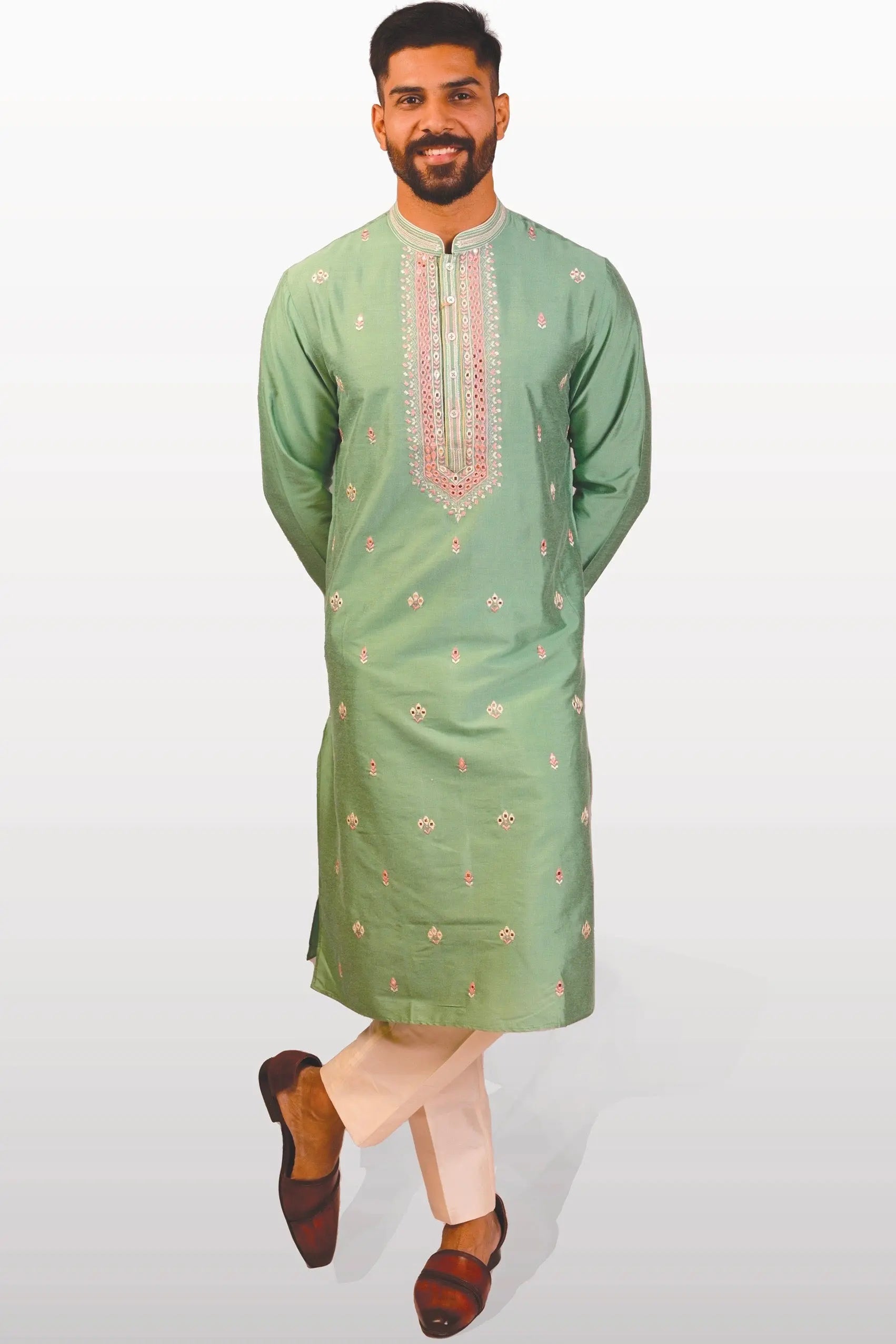 Mint Green Silk Embroidered Kurta