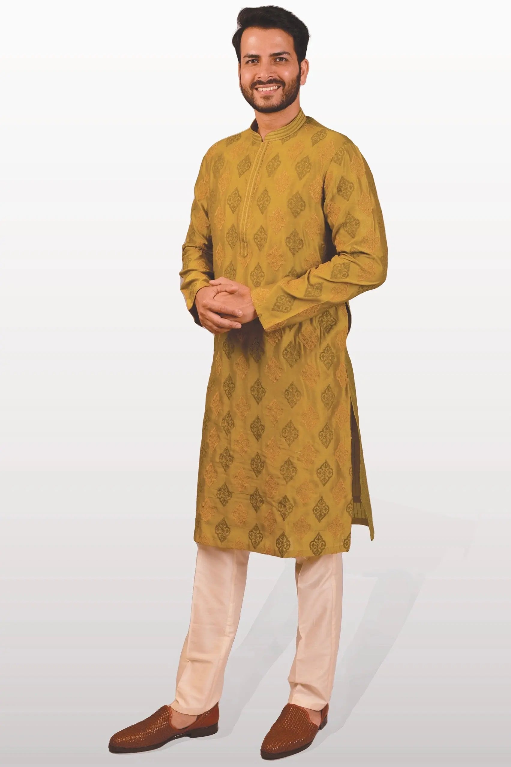 Olive Green Chanderi Silk Embroidered Kurta