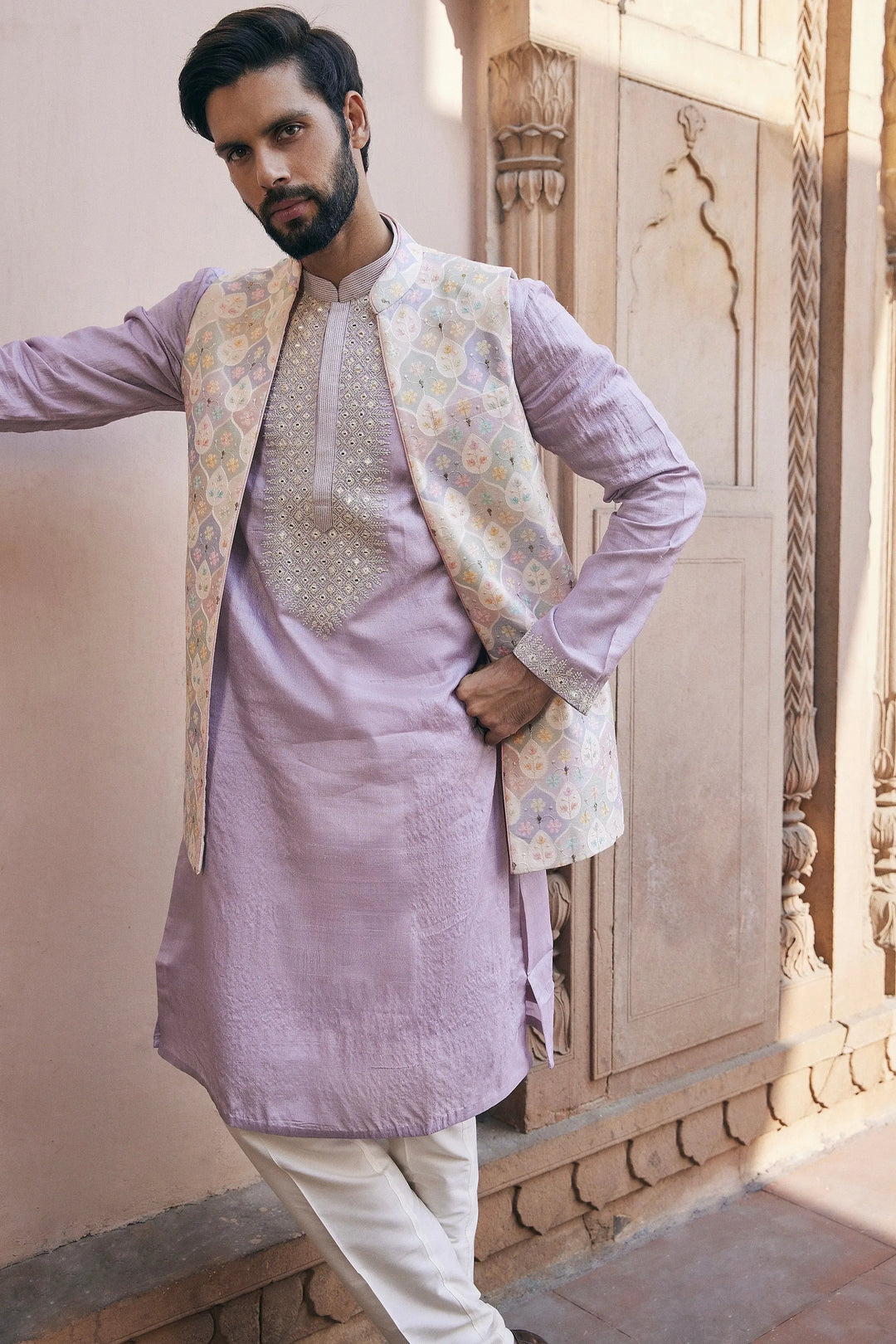 Lilac Mirror Embroidered Bundi Set - Asuka Couture