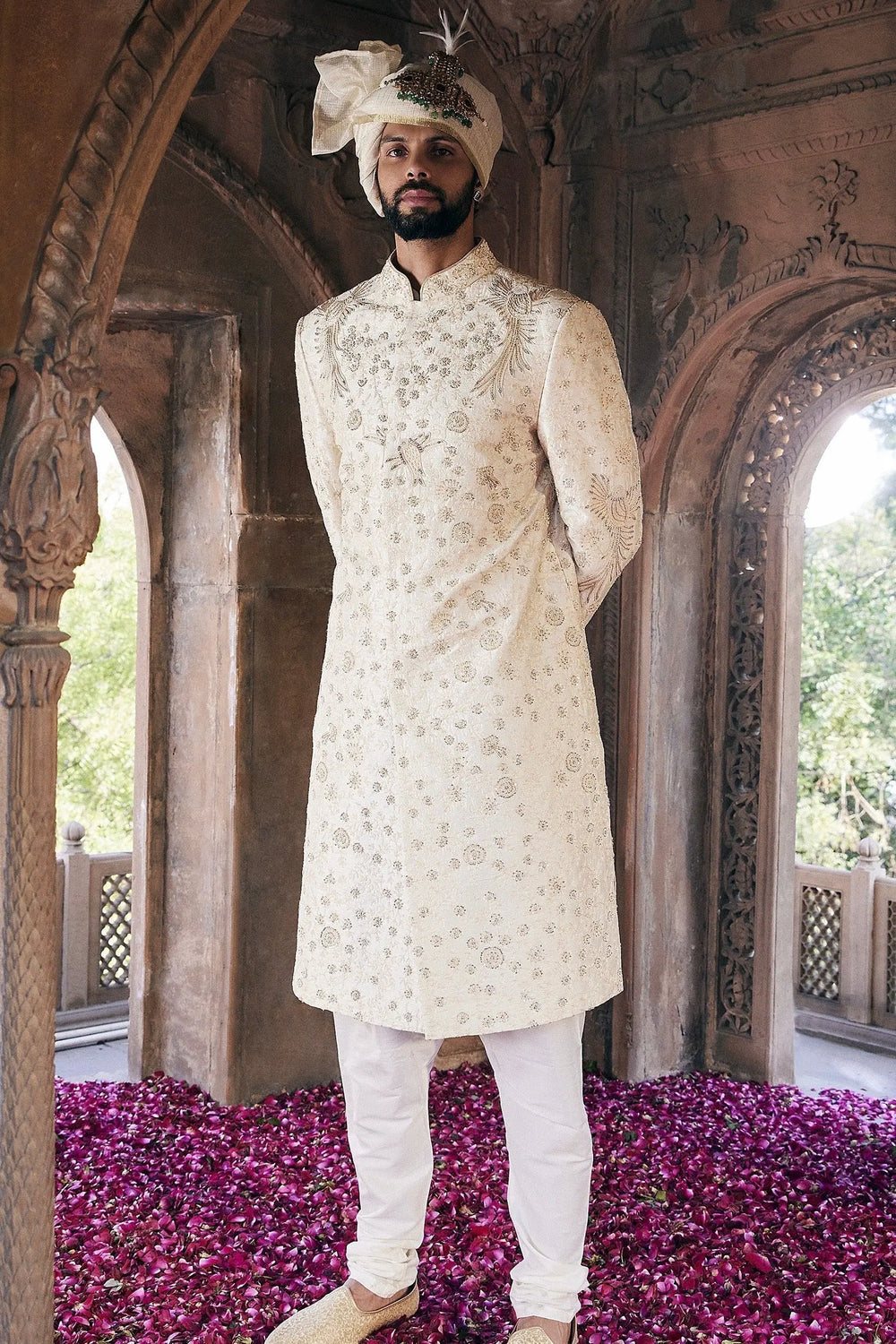 Cream Moti and Sequins Embroidered Sherwani - Asuka Couture