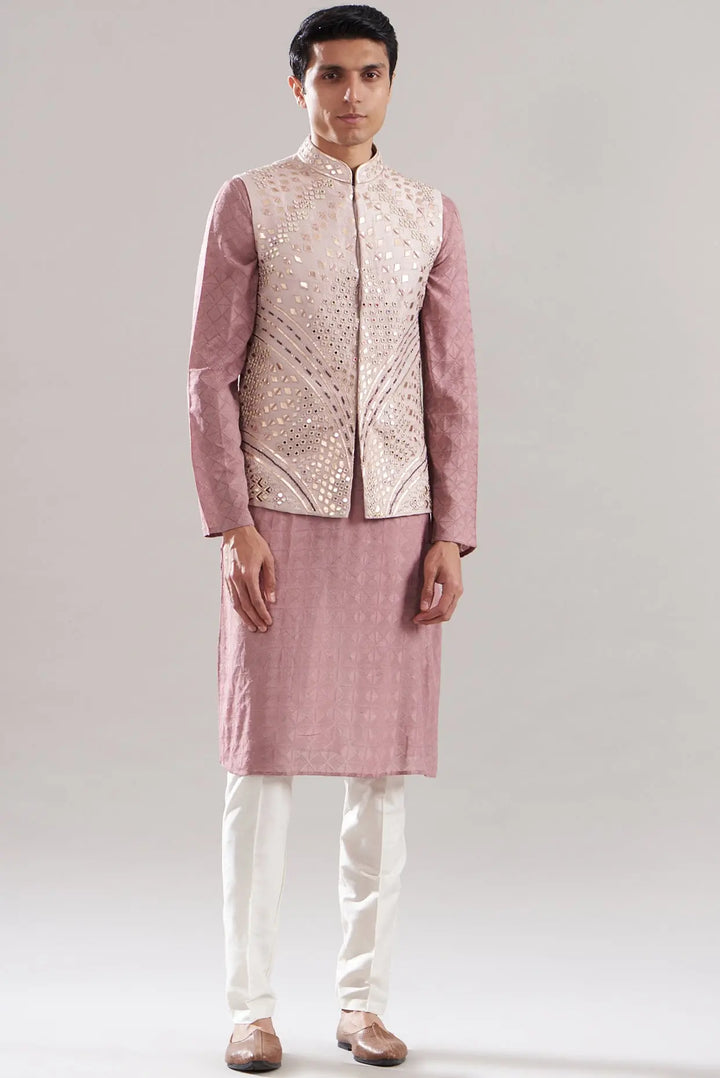 Pink Raw Silk Embroidered Bundi Set - Asuka Couture